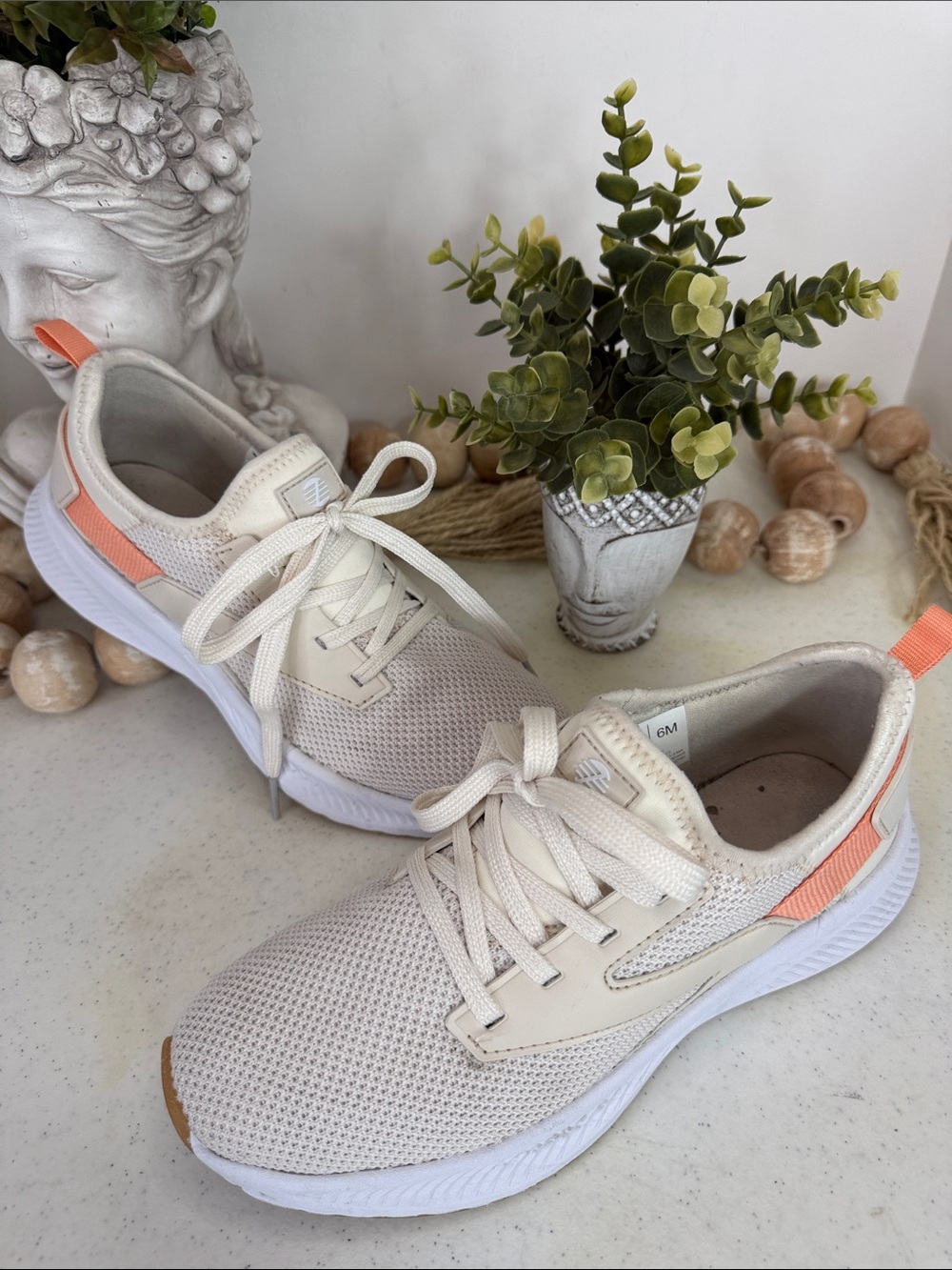 Zella Women's Cream Mesh Sneakers with Coral Heel Tab Size 6
